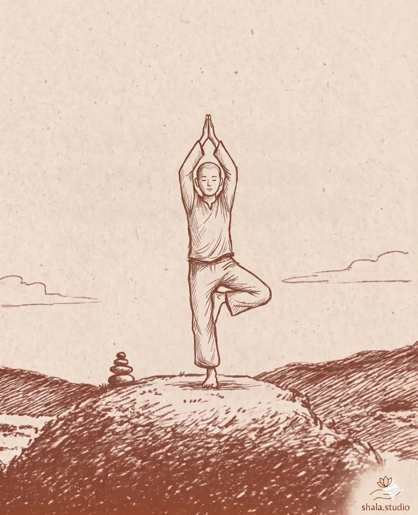 Line illustration of a yoga teacher in tree pose.